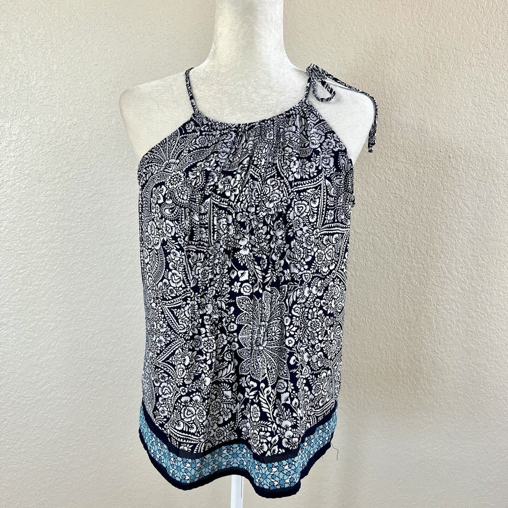 Soho New York & Co Blouse Sz Small Blue Floral Flutter Sleeve Top Tie Shoulder